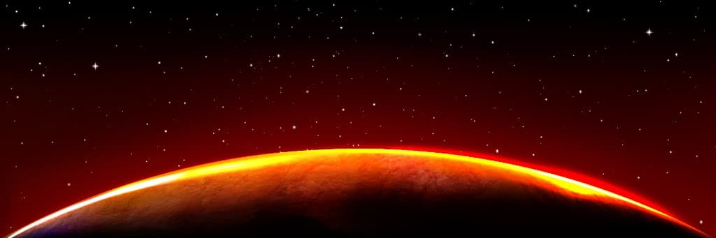 Panoramic horizon: thin atmosphere and a sunlit planetary limb against a starfield