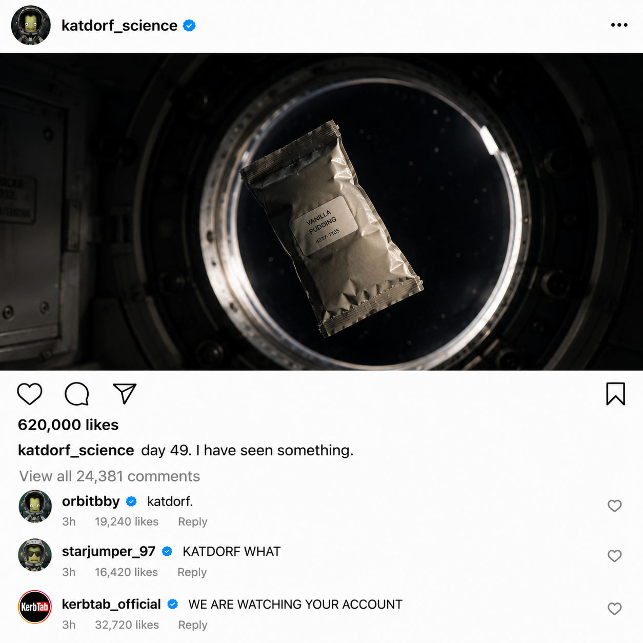 Crewgram post: katdorf_science — day 49. I have seen something. Food packet floating in OBSERVE cupola.