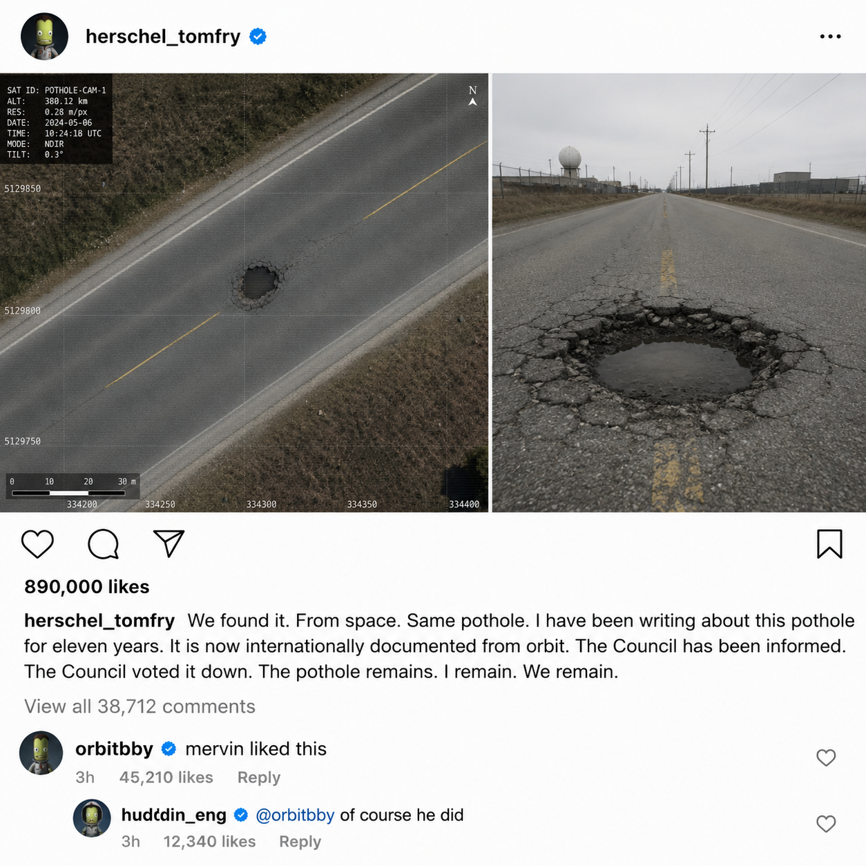Crewgram post: herschel_tomfry — We found it. From space. POTHOLE-CAM satellite image alongside ground photo.