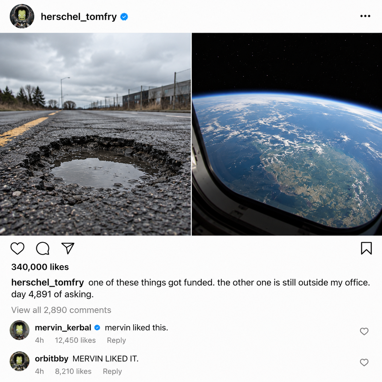 Crewgram post: pothole vs orbit comparison